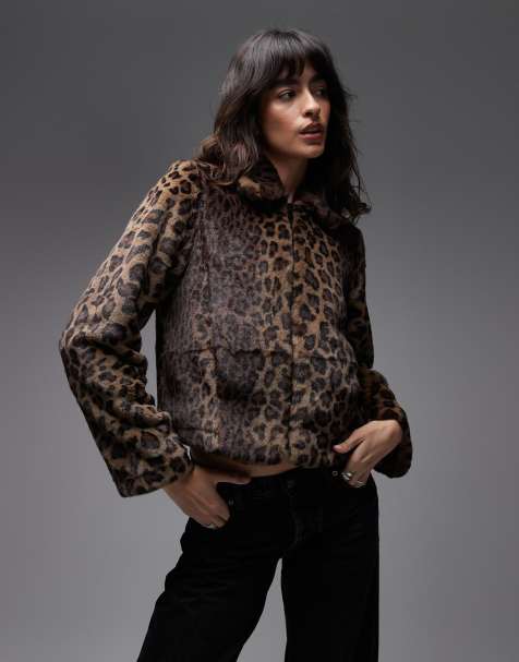 Allsaints saye leopard faux fur cropped jacket in brown