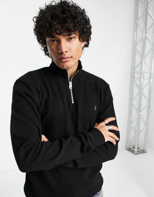 AllSaints – Schwarzes Sweatshirt mit Stehkragen, Widderschädel-Logo und kurzem Reißverschluss 