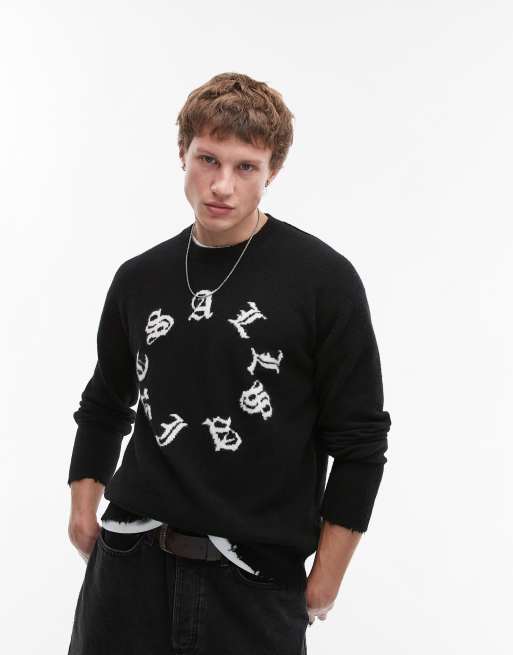 AllSaints Scripture logo knit sweater in black