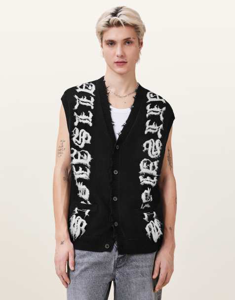 AllSaints – Scripture – Tanktop in Schwarz mit Schriftgrafik in Ecru - view 1