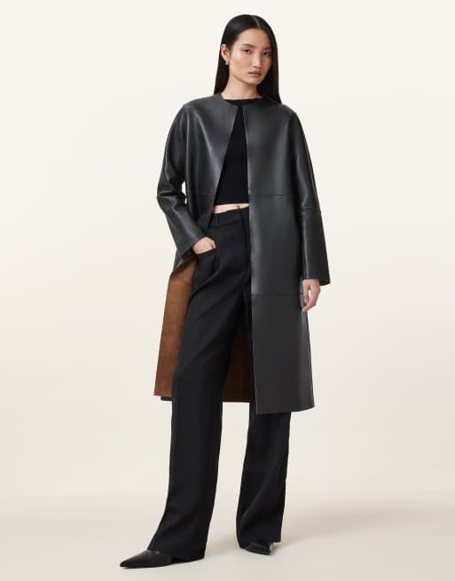AllSaints – Selby – Trenchcoat aus Wildleder in Braun/Schwarz