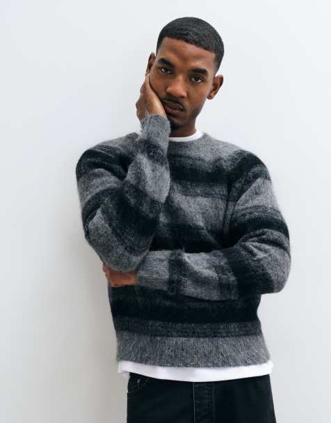 AllSaints Senner knitted stripe jumper in grey/black - view 1