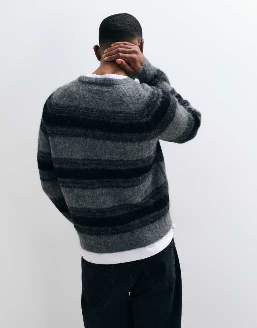 AllSaints Senner knitted stripe jumper in grey/black, 4 of 5