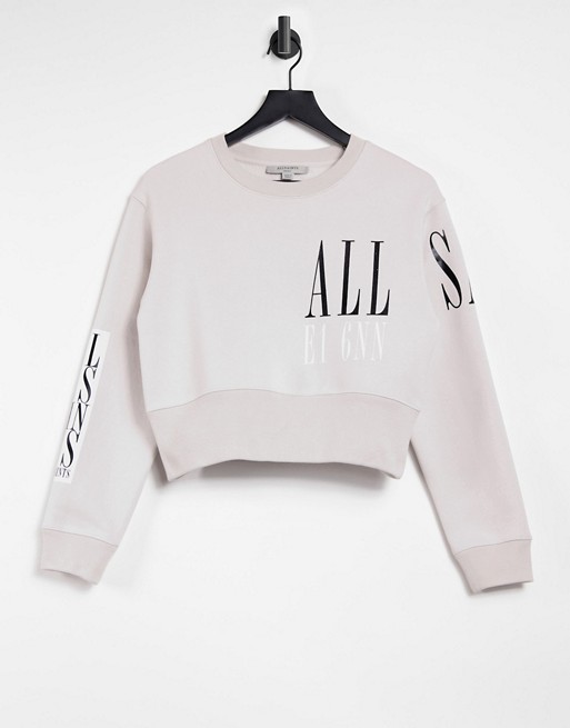 AllSaints Separo Eva cropped logo sweatshirt in off white
