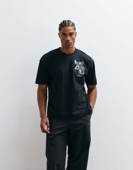 AllSaints Seraph short sleeve graphic logo t-shirt with back print in washed black, 4 of 5