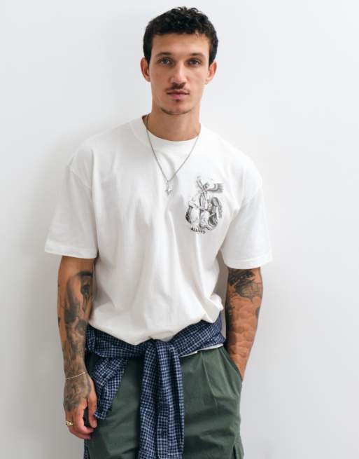 AllSaints Seraph short sleeve graphic logo t-shirt with back print in white, 3 of 5