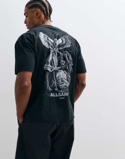 AllSaints Seraph T-Shirt mit kurzen Ärmeln, Grafiklogo und Rückenprint in verwaschenem Schwarz - view 1