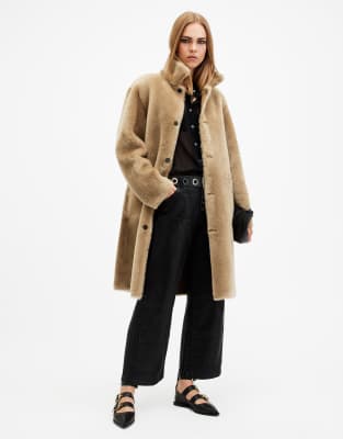 AllSaints - Serra - Lammfellmantel in Taupe-Braun-Brown