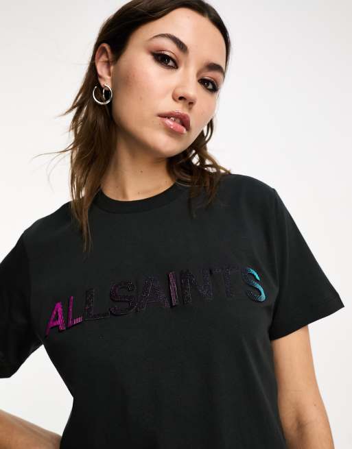 AllSaints – Shadow – Svart t-shirt i boyfriend-modell med logga