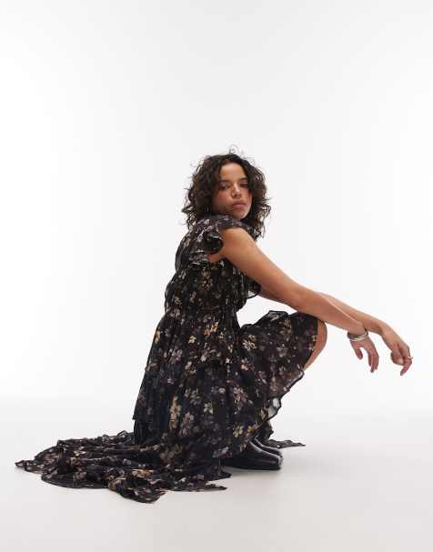 AllSaints shaela floral ruffle maxi dress in black - view 1