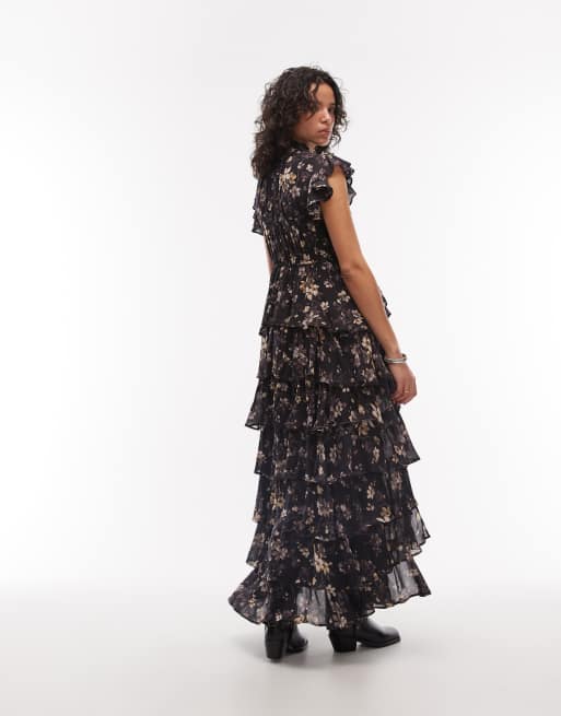 AllSaints shaela floral ruffle maxi dress in black, 4 of 4