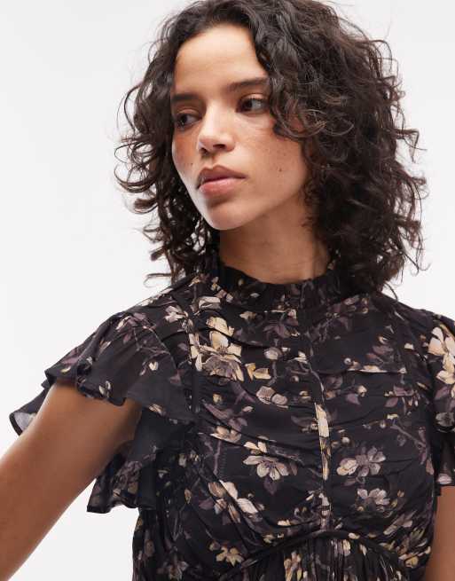 AllSaints - Shaela - Maxi jurk met bloemenprint en ruches in zwart, 3 van 4