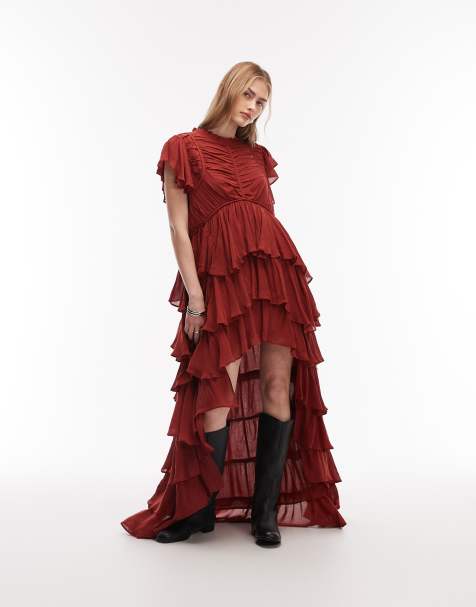 AllSaints – Shaela – Maxikleid in Orange mit Rüschen - view 1