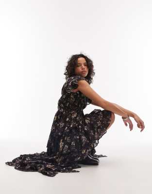 AllSaints - Shaela - Maxikleid in Schwarz mit Blumenmuster und Rüschen