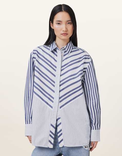 AllSaints - Shannon - Gestreept overhemd in wit/blauw - view 1