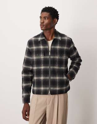 AllSaints AllSaints Sherpa zip through check jacket in black