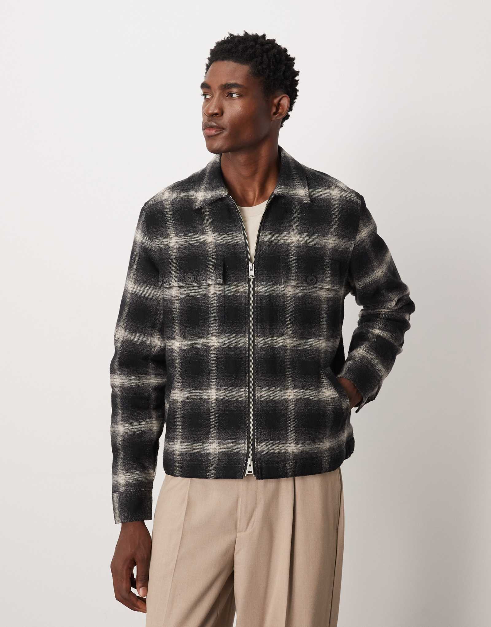 Черная клетчатая куртка AllSaints sherpa на молнии