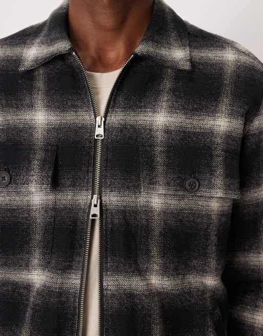 AllSaints sherpa zip through check jacket in black | ASOS