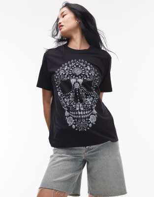Allsaints - Shkull - Boyfriend-T-Shirt in Schwarz mit Totenkopf-Print