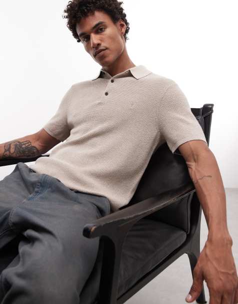 AllSaints short sleeve knitted polo in grey - view 1