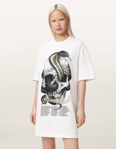 AllSaints short sleeve snakehead graphic logo t-shirt mini dress in white - view 1