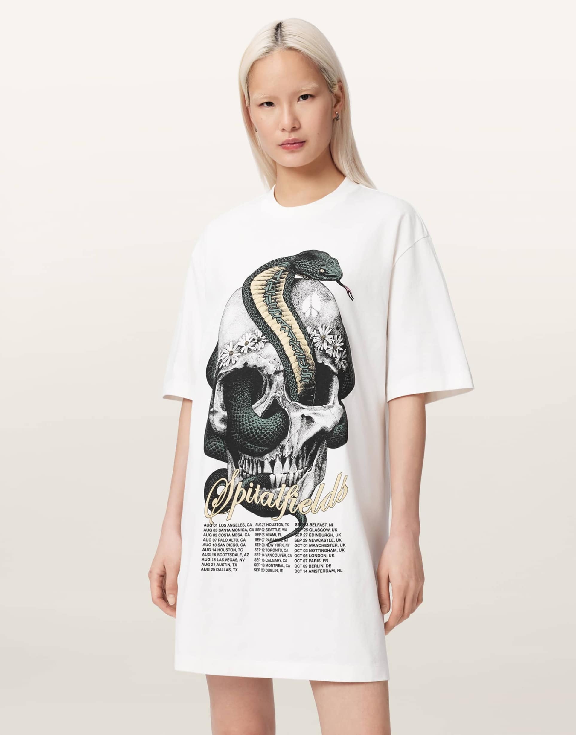 allsaints short sleeve snakehead graphic logo t-shirt mini dress in white
