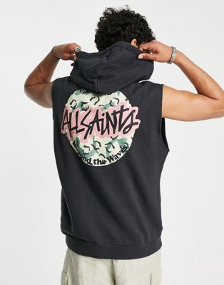 AllSaints shredder sleeveless hoodie with back print in black