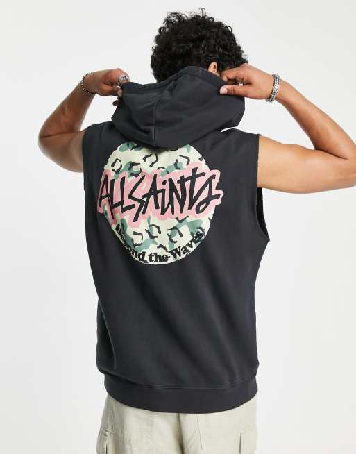 AllSaints shredder sleeveless hoodie with back print in black