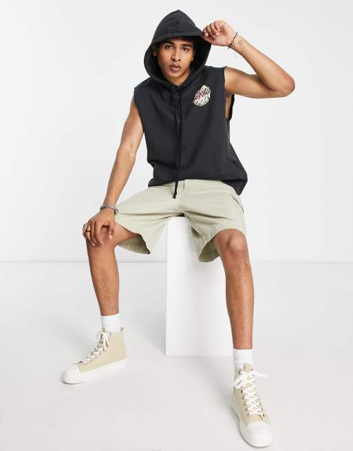 AllSaints shredder sleeveless hoodie with back print in black