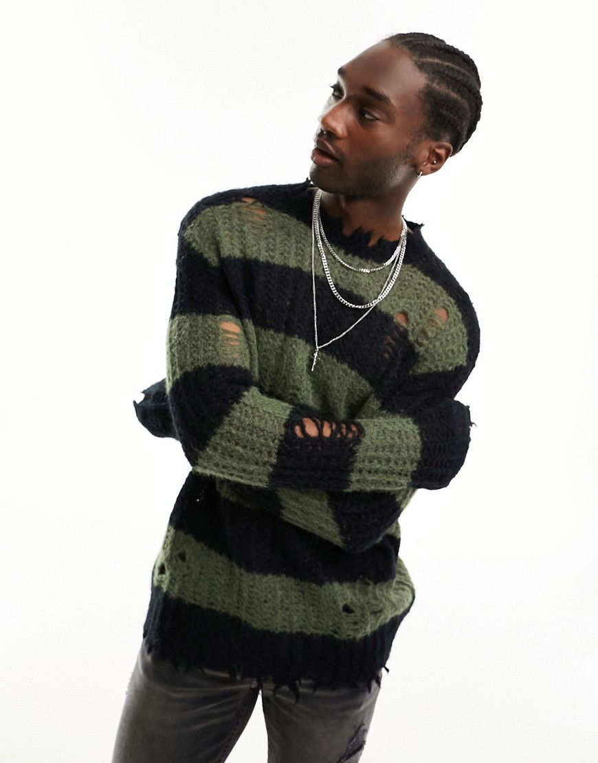 AllSaints Sid crew neck knitted distressed jumper in black and green stripe