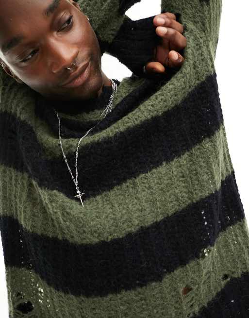 AllSaints - Sid - Maglione girocollo effetto invecchiato nero e verde e righe, 3 di 4
