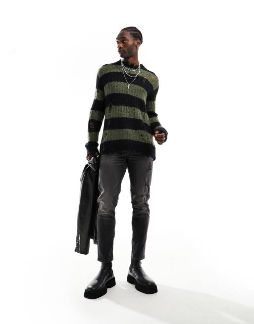AllSaints – Sid – Strickpullover mit Used-Design in Schwarz und Grün gestreift mit Rundhalsausschnitt, 2 von 4