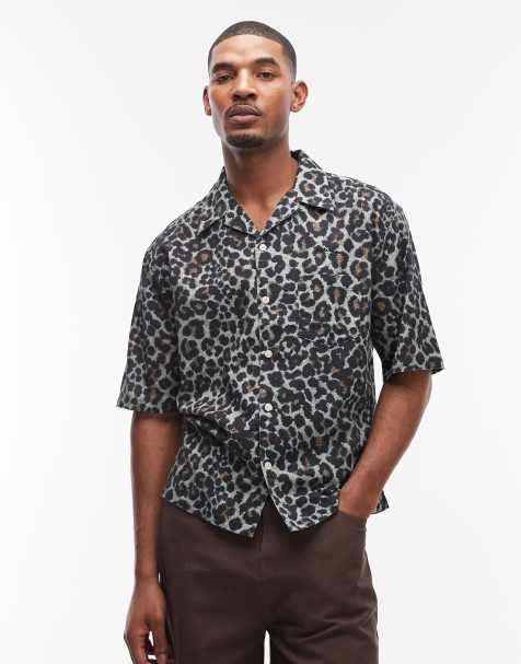 AllSaints Silesia short sleeve leopard print shirt in grey - view 1