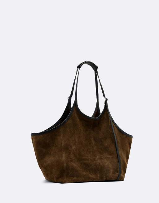 AllSaints Siloh suède e/w tote in donker kaki groen, 4 van 4