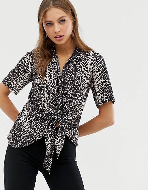 AllSaints sirena leopard print tie front shirt | ASOS