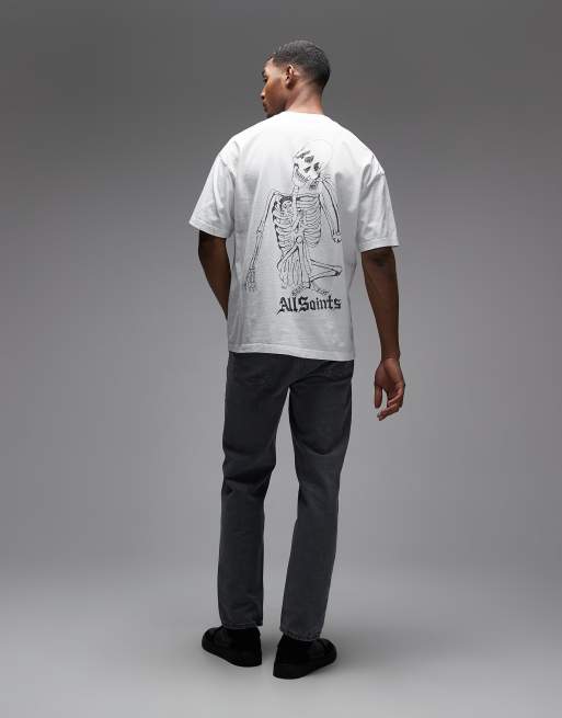AllSaints Skelly short sleeve graphic logo t-shirt with back print in white, 2 of 5