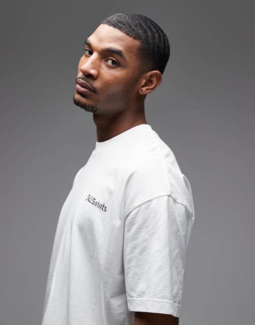 AllSaints Skelly short sleeve graphic logo t-shirt with back print in white, 4 of 5