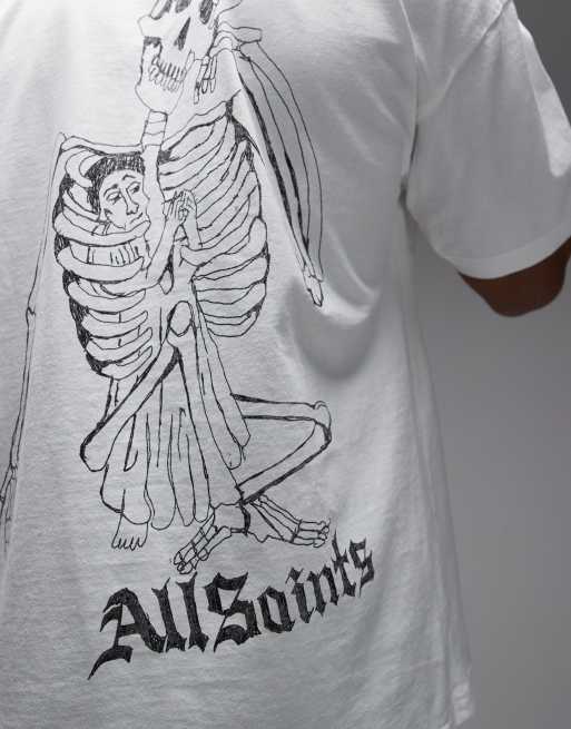 AllSaints Skelly short sleeve graphic logo t-shirt with back print in white, 5 of 5