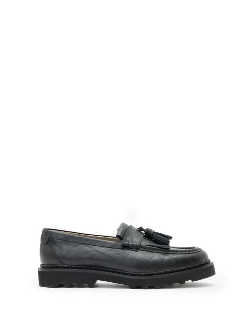 AllSaints – Skiff – Loafer in Schwarz mit Narbung und Quasten