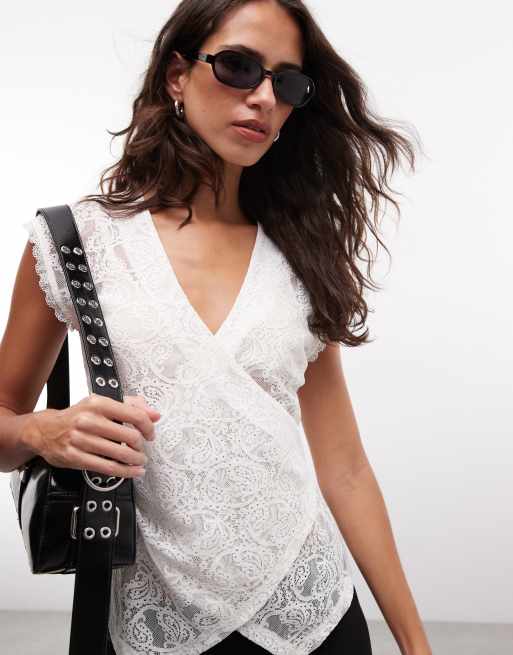 AllSaints sleeveless lace wrap top in white, 2 of 4