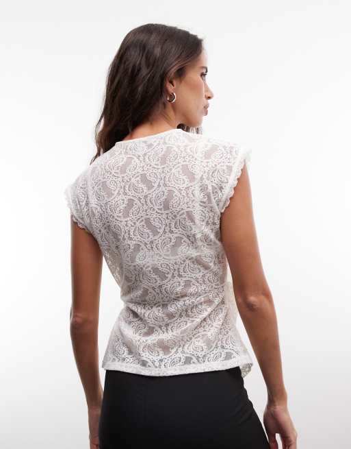 AllSaints sleeveless lace wrap top in white, 3 of 4