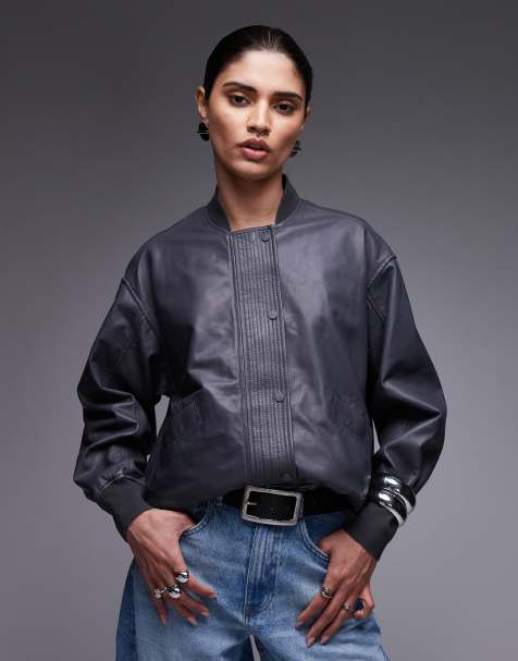 Allsaints Sofi leather bomber jacket in graphite blue - LBLUE - view 1
