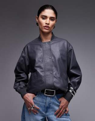 AllSaints - Sofi - Leder-Bomberjacke in Graphitblau