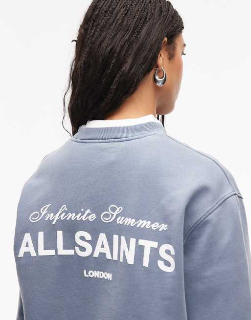 AllSaints Soleil Etta logo sweatshirt with back print in blue, 2 of 4