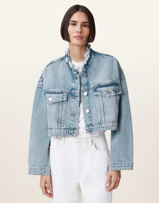 AllSaints – Sonny – Cropped Jacke in hellem Indigoblau