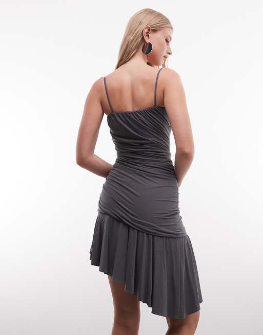 AllSaints Sophia bandeau gathered ruffle mini dress in dark grey, 4 of 4