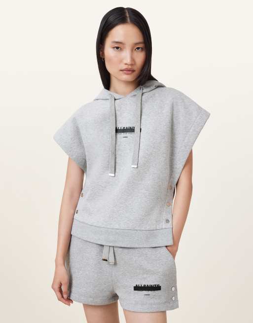 Allsaints – Sorri – Kurzärmliger Kapuzenpullover in meliertem Grau