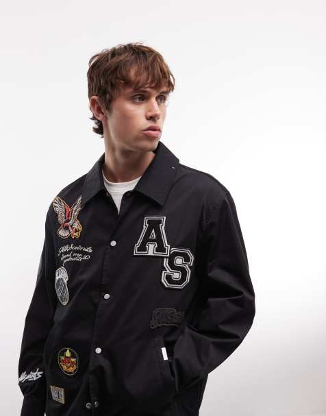 AllSaints Soundman embroidered patch logo varsity jacket in black - view 1