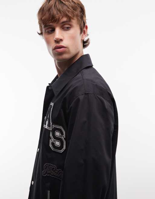 AllSaints Soundman embroidered patch logo varsity jacket in black, 3 of 5