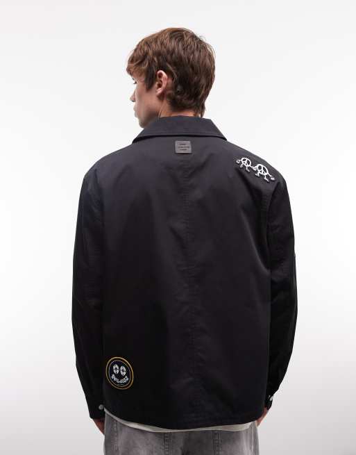 AllSaints Soundman embroidered patch logo varsity jacket in black, 5 of 5